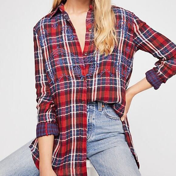 Free People Magical Plaid Embroidered Button Down Top Small Boho Western Fall - Picture 1 of 16